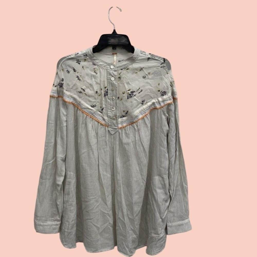 Free People White Sheer Floral Yoke Boho Tunic Longsleeve Blouse Medium
